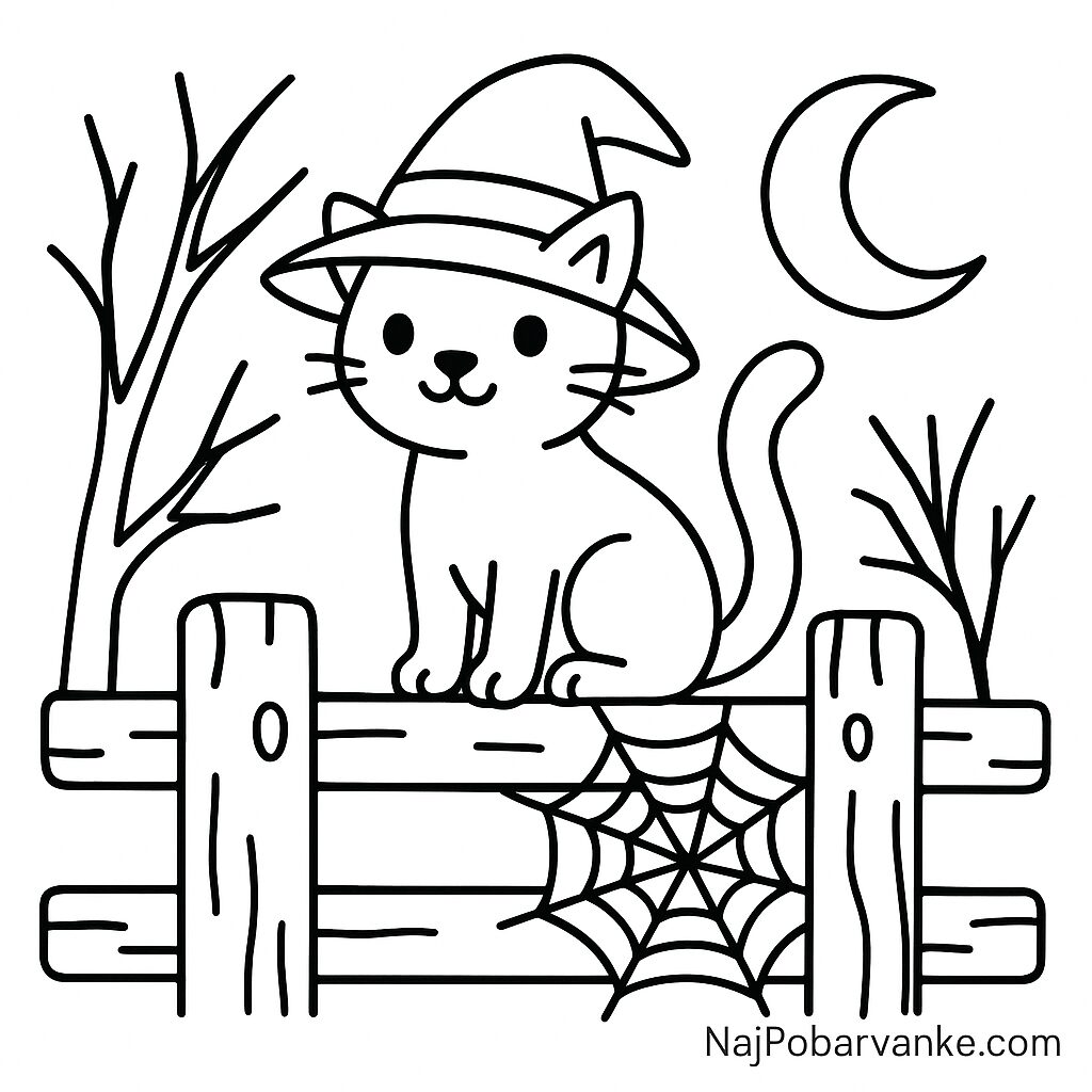 Pobarvanka Čarovniška mačka na ograji