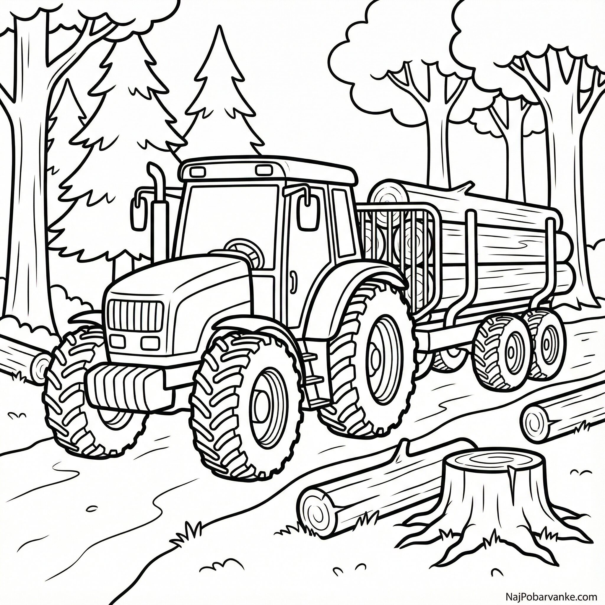 Pobarvanka Gozdni traktor s hlodi