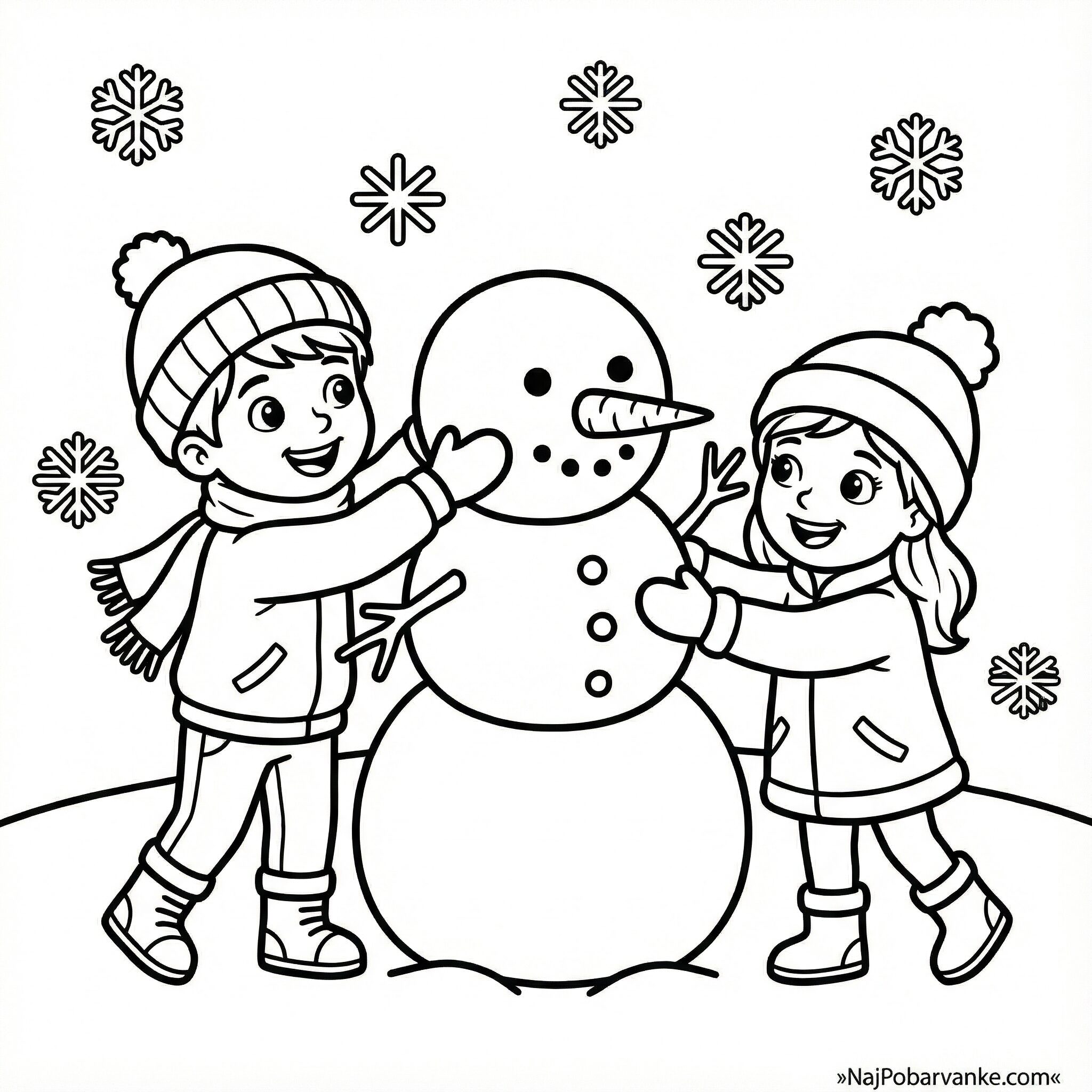 Pobarvanka Otroci izdeljujejo snežaka