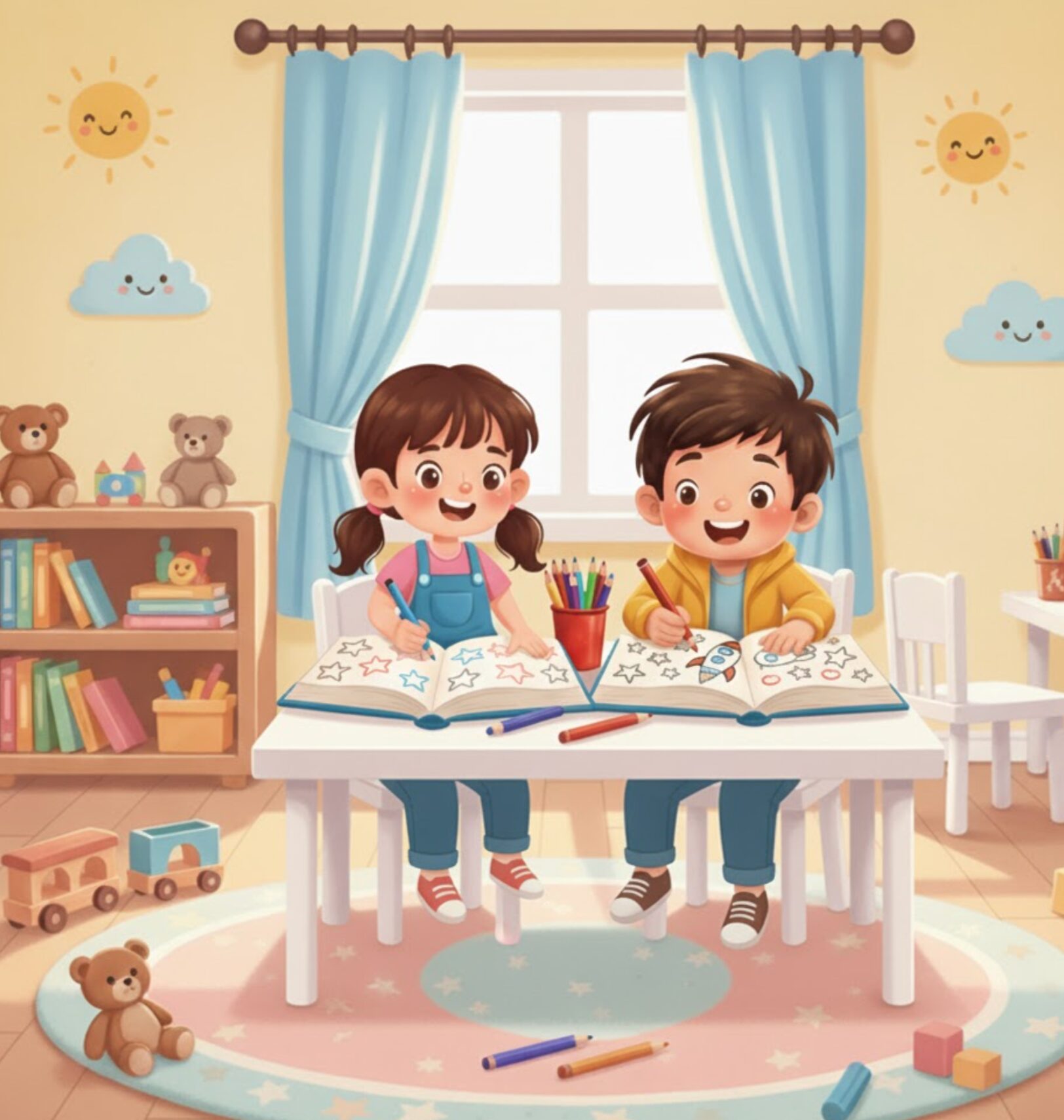 Ilustracija otroka, ki veselo barva pobarvanko