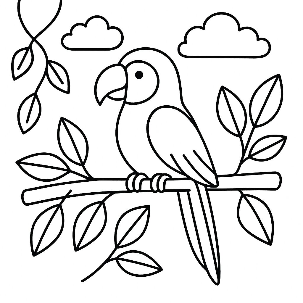 Pobarvanka Papagaj na veji z listi