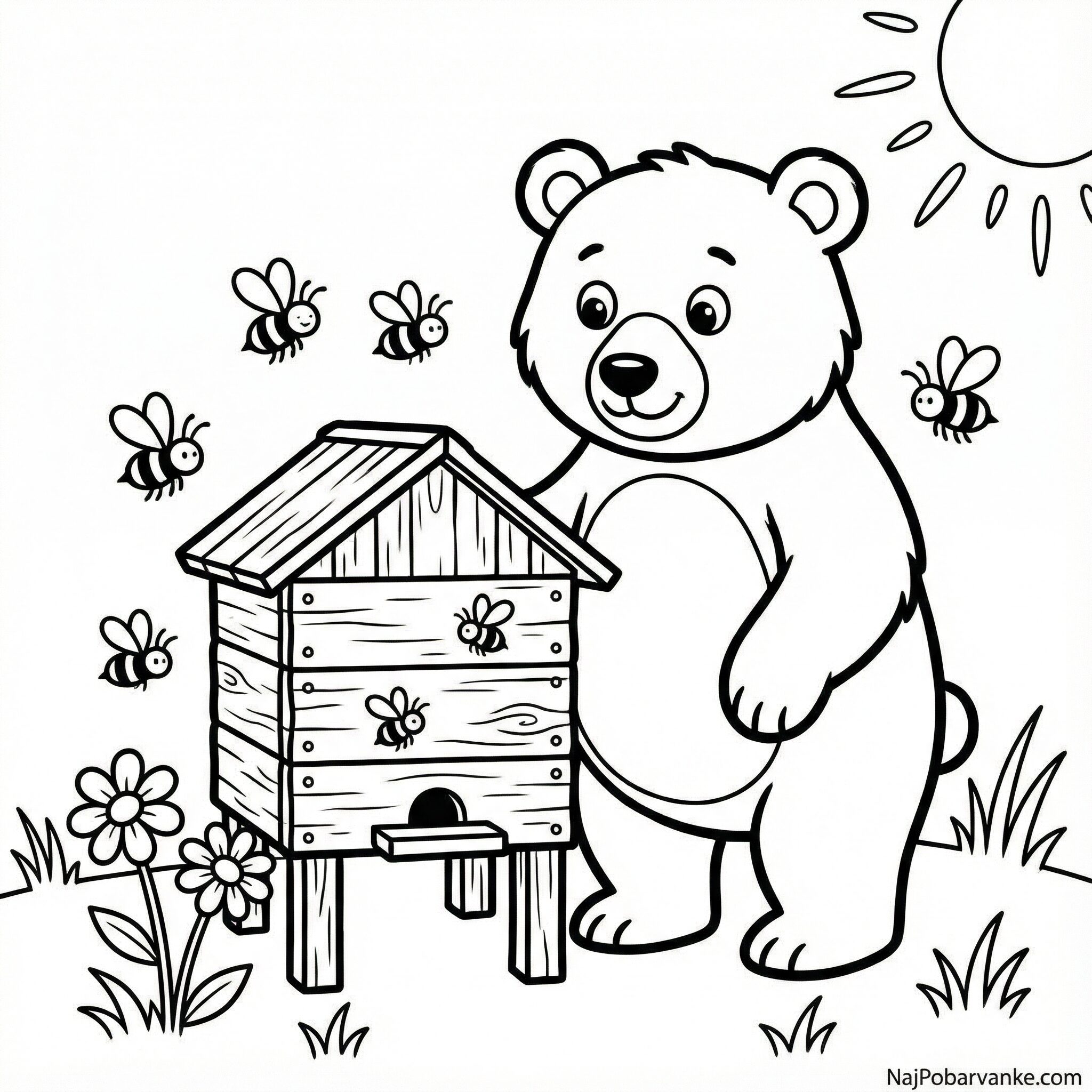 Pobarvanka Rjavi medved in čebelnjak src=