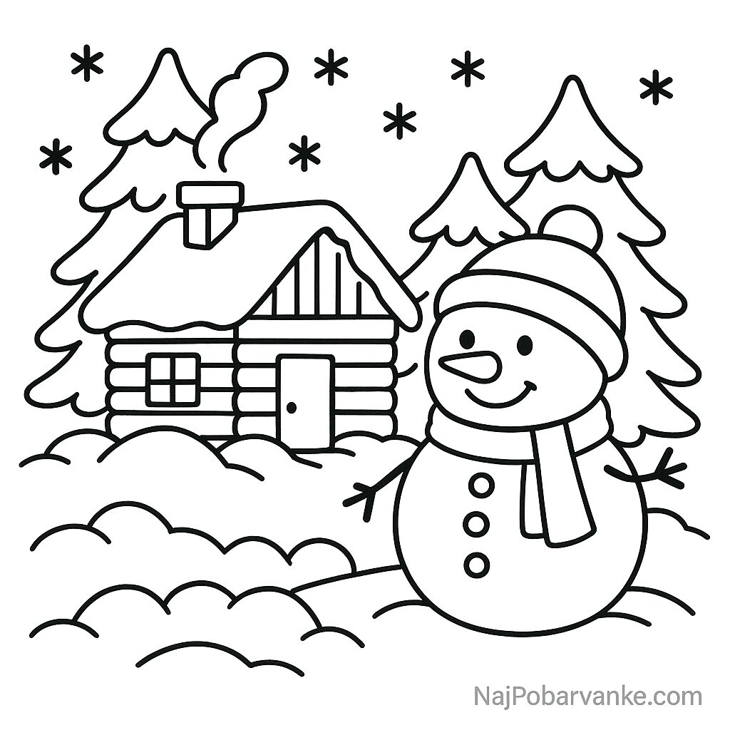 Pobarvanka Snežak ob gozdni koči