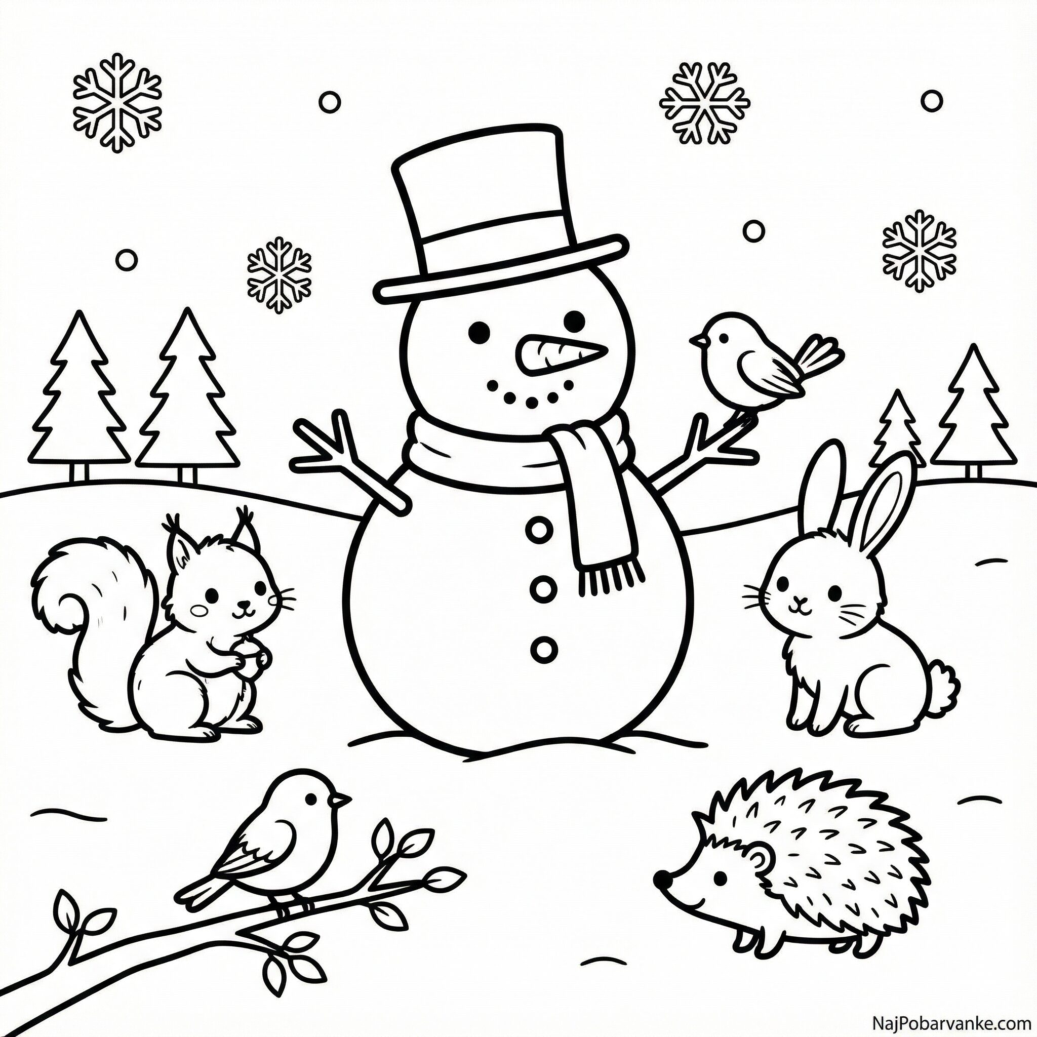 Pobarvanka Snežak z majhnimi živalmi