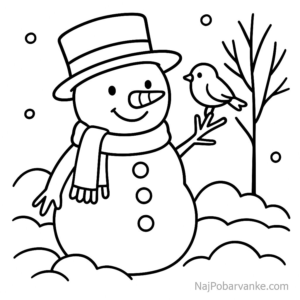 Pobarvanka Snežak z malim ptičkom