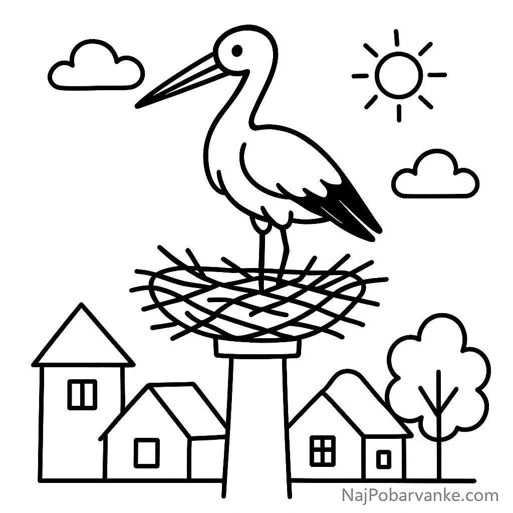 Pobarvanka Štorklja v gnezdu