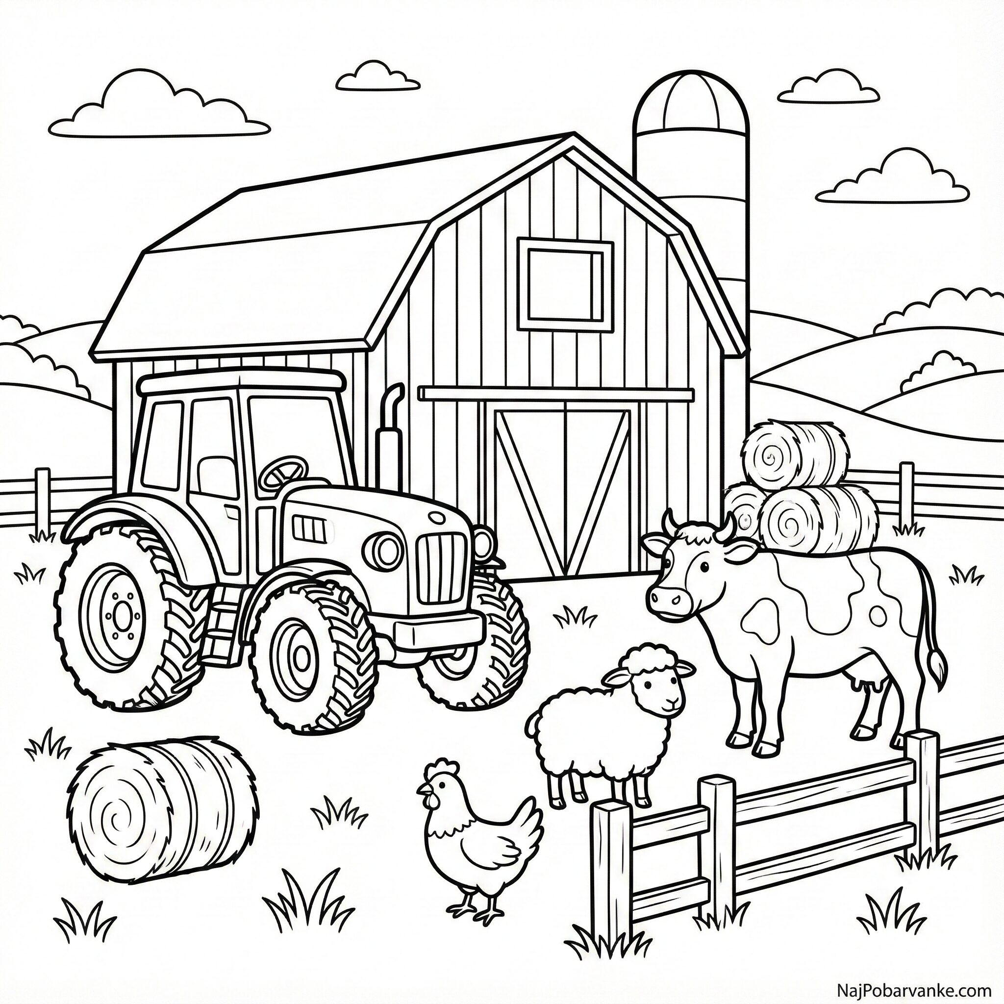 Pobarvanka Traktor pri hlevu z živalmi