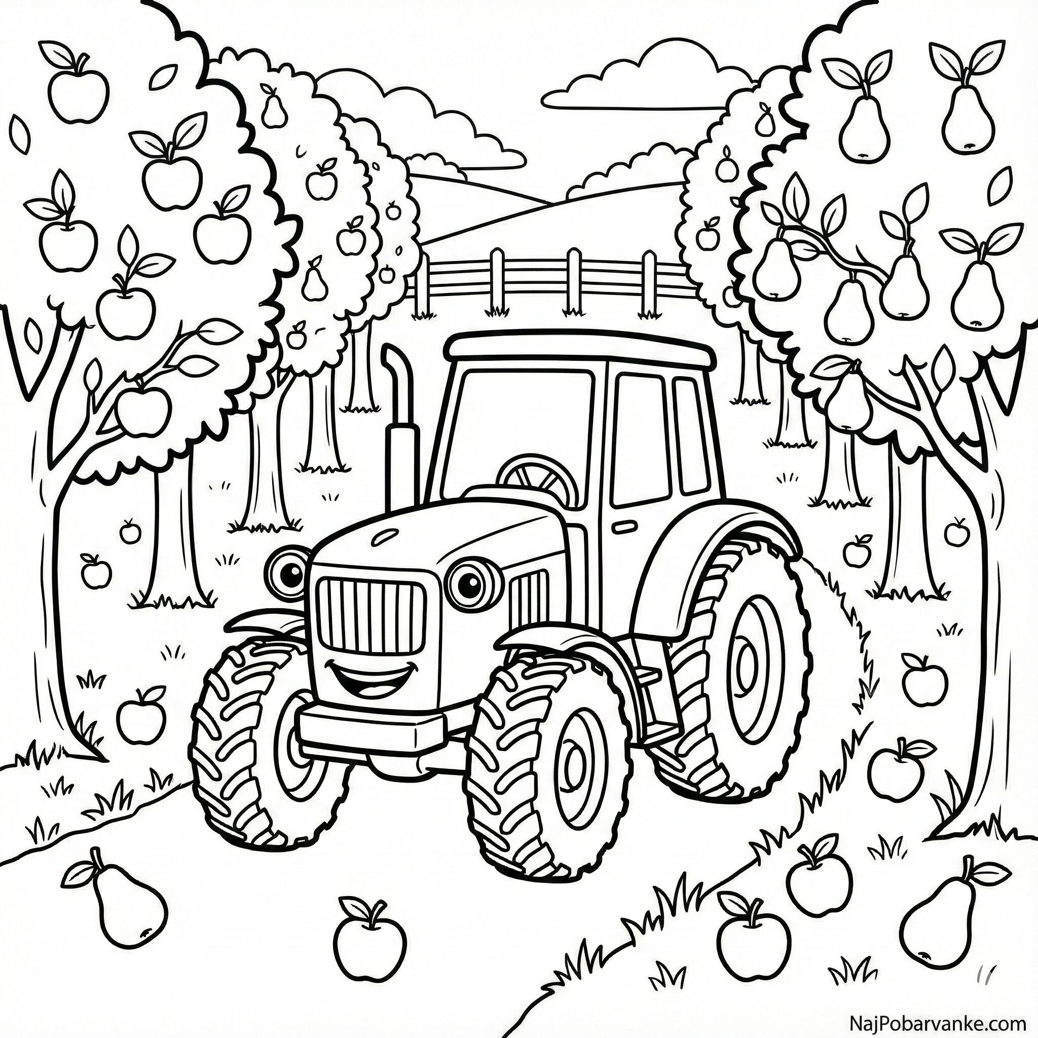 Pobarvanka Traktor v sadovnjaku
