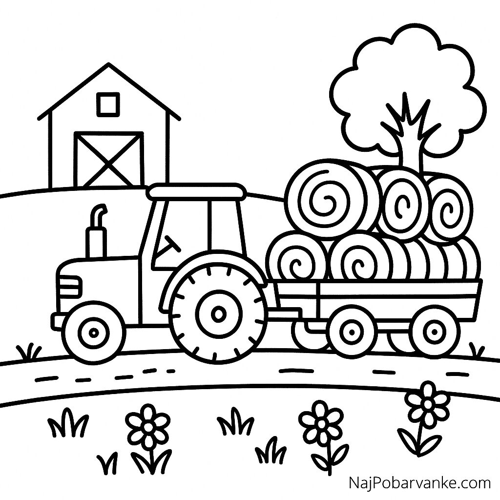 Pobarvanka Traktor z prikolico sena