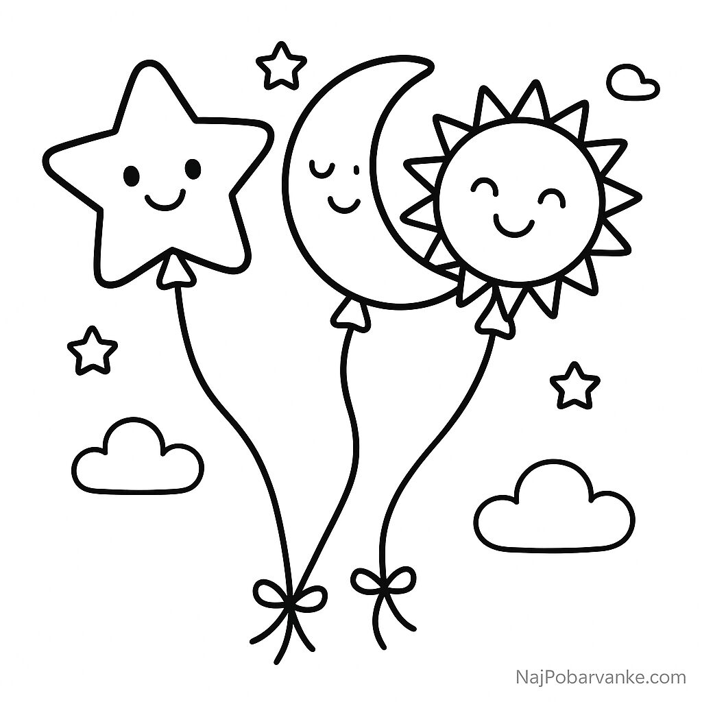 Pobarvanka Baloni v obliki zvezde, lune in sonca